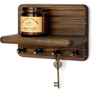 Rebee Vision Small Farmhouse Key Holder Wall Mount for Home Decor Mini 7-inch Wooden Key Holder for Wall with 4 Hooks & Floating Shelf - Apartment Essentials for a Tidy & Trendy House (Brown)
