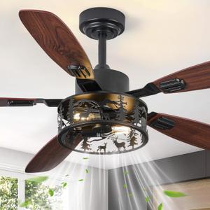 Farmhouse Rustic Ceiling Fan with Light-Deer Bear Design, 6 Speeds Black Chandelier Fan Lights Fixtures and Remote Control for Living Room, Bedroom, Entryway Lighting, Hallway
