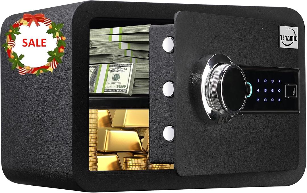 Biometric Fingerprint Safe Box 0.85 Cubic Feet Fireproof Waterproof Safe Box with Induction Light and Leather, Solid Alloy Steel Office Hotel Home Cabinet Safe, Black