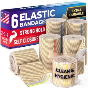 High-Performance Elastic Bandage Wrap - 6 Pack (2x2in, 2x3in, 2x4in) - Self-Closing Strong Compression Bandage Wrap for Feet, Ankles, Wrists, and Knees