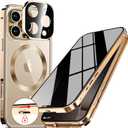 [CD Metal Ring & Automatic Pop-up Lock Magnetic Privacy Case for iPhone 16 Pro Max [Compatible with MagSafe] [Integrated Lens Protection] Full Body Bumper Cover with Built-in 9H Glass-Gold