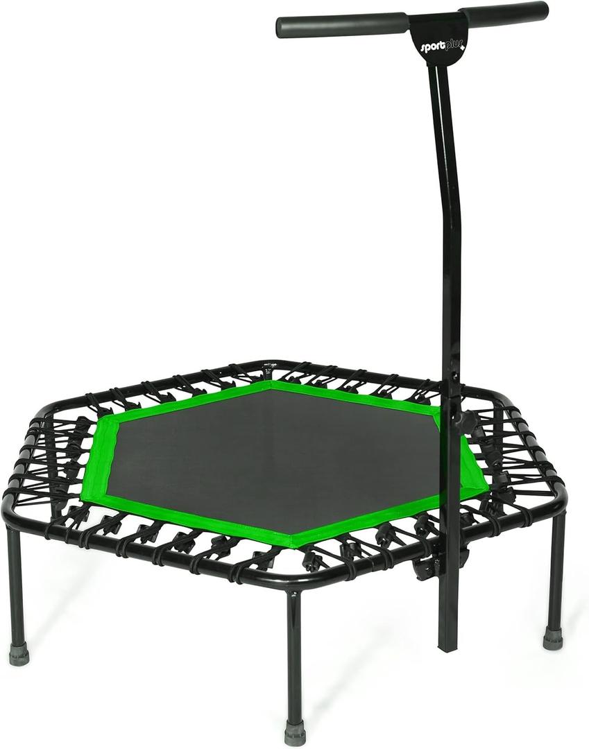 SportPlus+ Indoor Trampoline, Blue/Green/Red, Rebounder Home Fitness Trampoline with Height Adjustable Bar