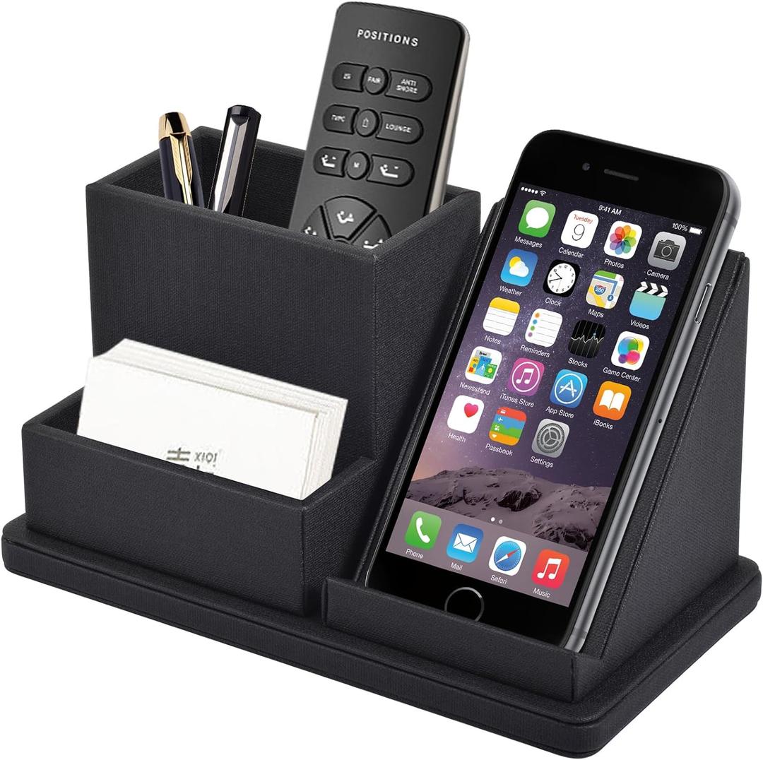 XNONE Pu Leather Desk Pen/ Pencil Organizer Multi-Function Cell Phone/ Remote Control Storage Box with 3 Compartments Office Supplies Sticky Note Tray Business Cards Holder, Black