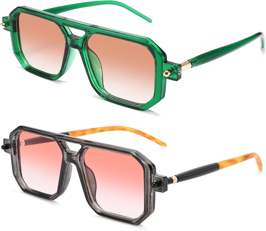 Hycredi Vintage 70s Flat Aviator Sunglasses Women Men Trendy Square Shades Retro Stylish UV400 Sun Glasses (2 Pack Green/Gradient Brown + Gray/Pink)