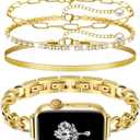 Slim Gold Band and 3Pcs Bracelet Set for Women Feminine Elegant Compatible with Apple Watch 42mm(S3/2/1)/44/45/46/49mm Adjustable Metal Dressy Strap for iWatch Series 11/10/9/8/7/6/5/4/SE/Ultra 3/2/1