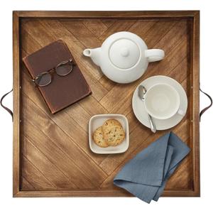 Large Square Ottoman Tray 24"x24", Wooden Ottoman Trays with Leather Handles, Rustic Decorative Storage Tray for Ottoman
