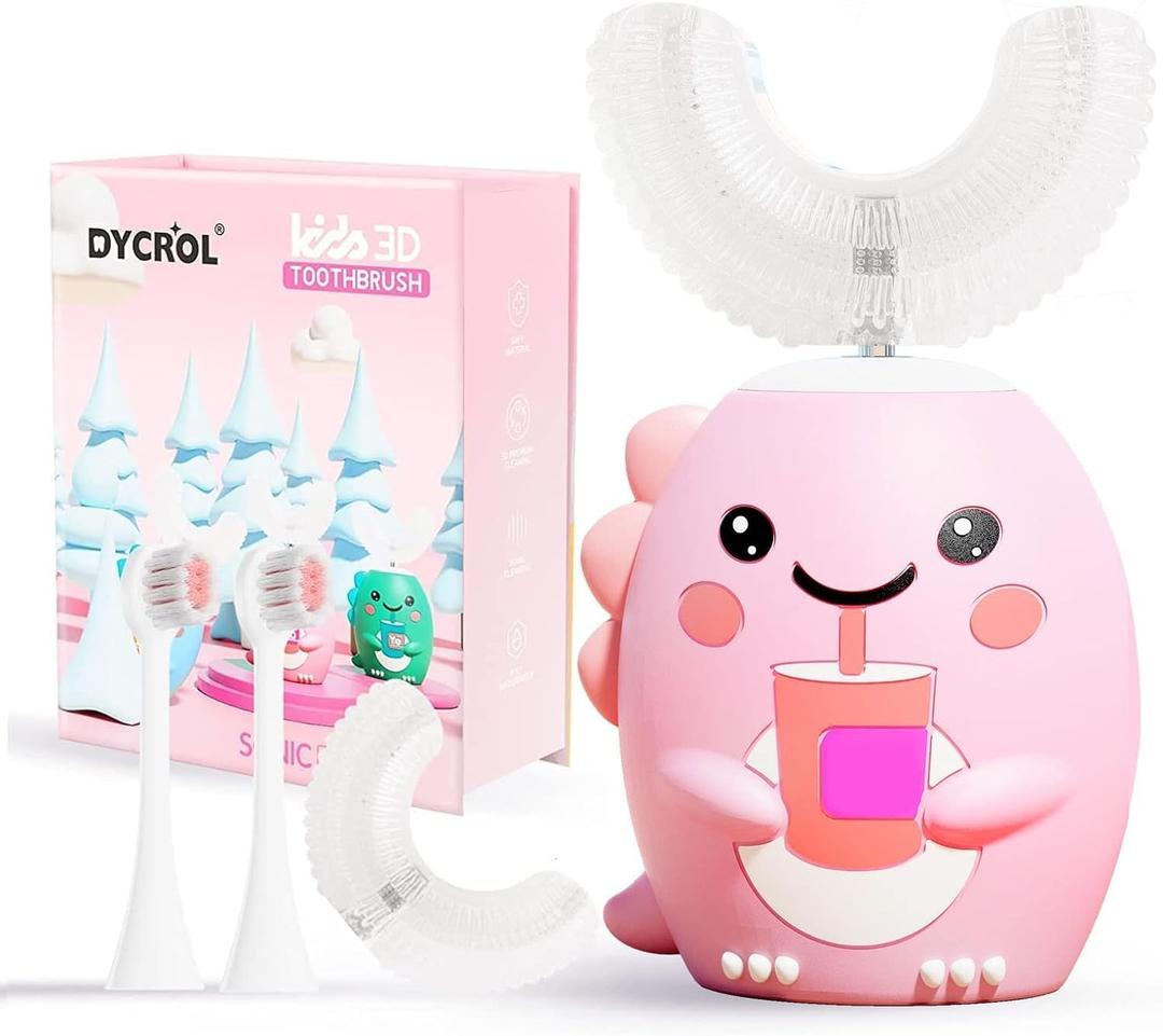 Kids U Shaped Electric Toothbrush with 4 Brush Heads, Sonic Toothbrush Kids with 5 Modes, Cartoon Dinosaur 360-Degree Cleaning IPX7 Waterproof Design (2-6 Age (Pink)) 2 Pack