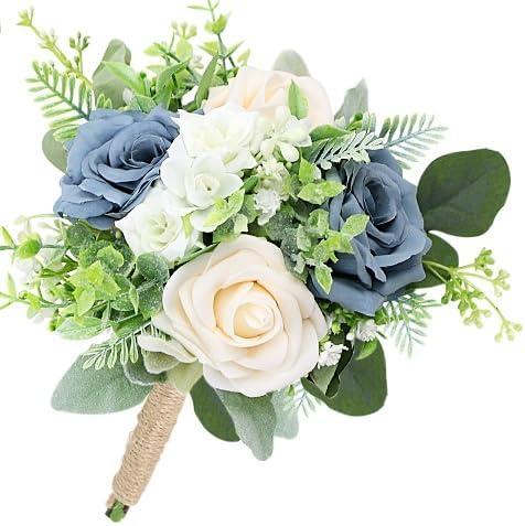 7 Inch Bridesmaid Bouquet Flowers - Artificial Bouquet for Bridesmaid Wedding Rustic Small Floral Centerpiece for Marriage Proposal Party Anniversary Dining Table Decor - Green & Dusty Blue (1pcs)