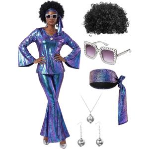 Jexine 70s Women Disco Outfit Costume Disco Party Top Pants Sunglasses Ball Necklace Earring Wig for Halloween New Year Eve (XX-Large, Laser Purple)