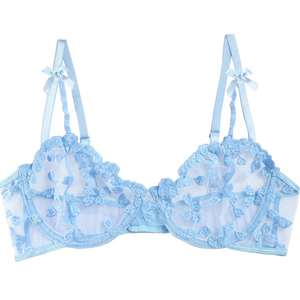 Lilosy Sexy Cute Push Up Strappy Embroidered Mesh Sheer Bra See Through Bra (Medium, Bow Light Blue)