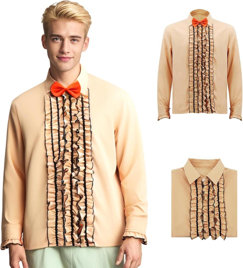Mens Ruffled Tuxedo Shirt Retro Tuxedo Shirts Dumber 90s Prom Retro Shirts with BowTie Halloween Cosplay (Beige, XXXL)