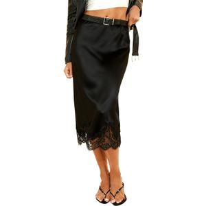 Women Lace Trim Satin Skirt Elegant Silky A Line Flowy Midi Long Skirt Y2k Sexy Elastic Rise Half Slip Underskirt (Medium)