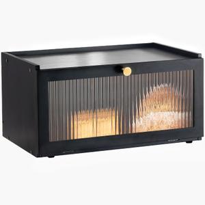 Black Bread Box for Kitchen Countertop-Large Modern bamboo Bread box with Window Bread Storage Container