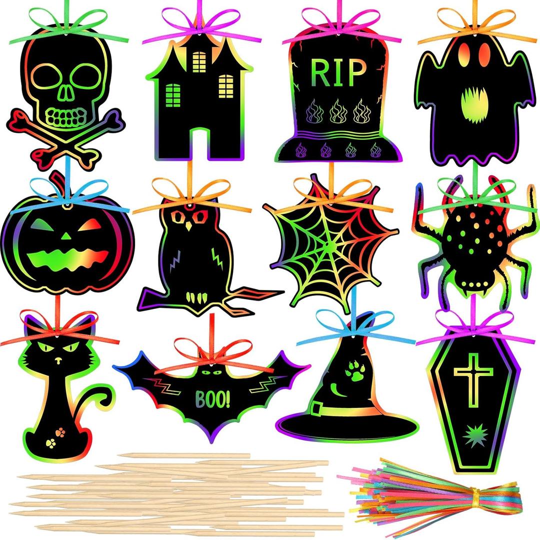 Qilery 120 Pcs Fall Halloween Scratch Paper Off Cards Magic Pumpkins Scratch Off Paper Craft Art Activities Rainbow Black Fun for Thanksgiving Party Ornaments DIY Education Game(Spooky Style)