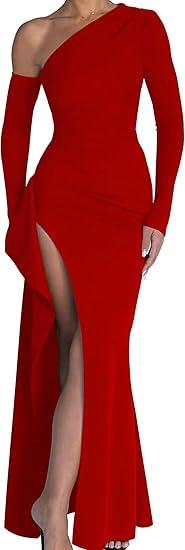 Women's One Shoulder Long Sleeve Sexy High Slit Wedding Guest Party Maxi Dress Size L