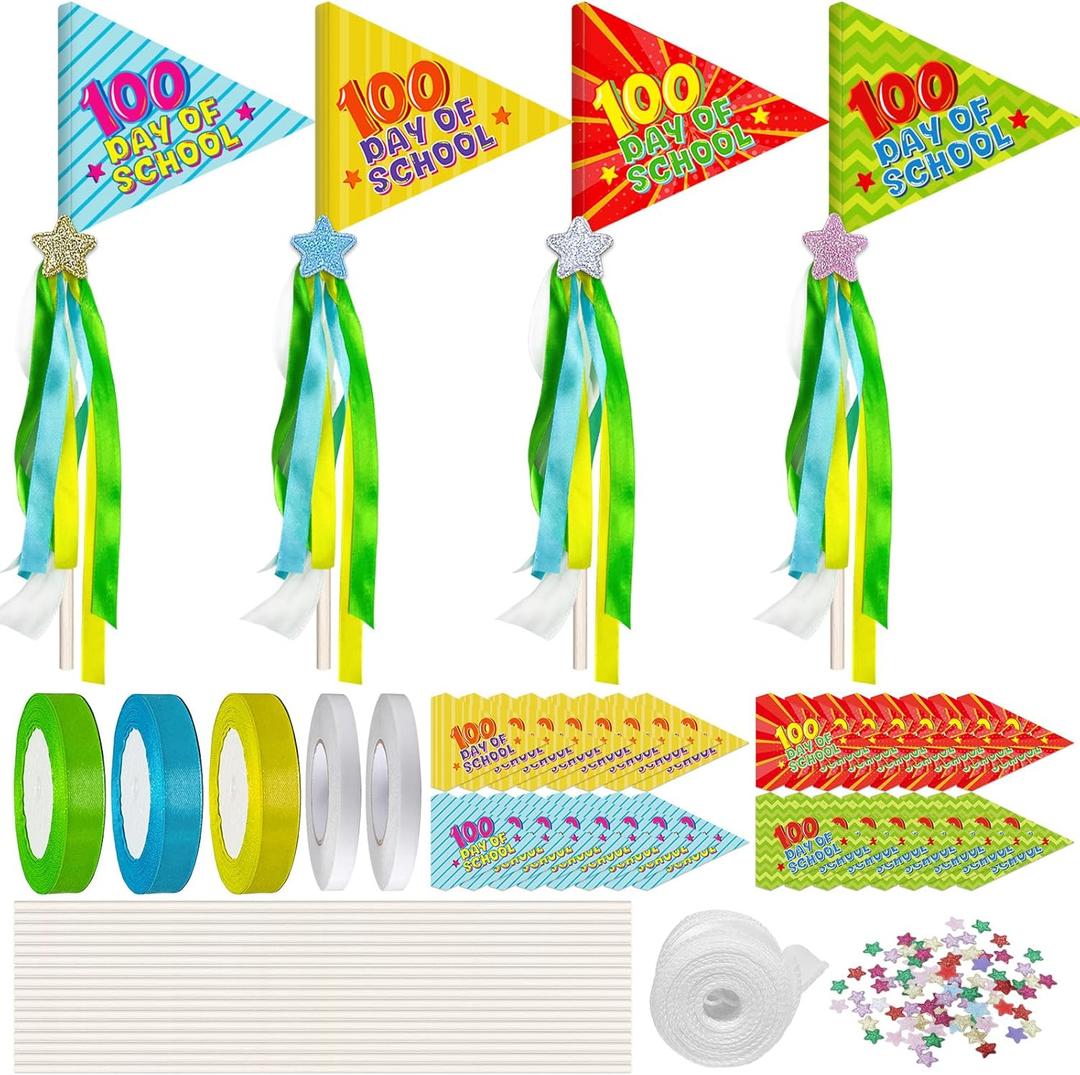 Cinrobiye 32 Pcs 100 Days of School Flag Craft Kit DIY 100th Day of School Making with Sign Photo Prop with Ribbons Stars and Stick for Preschool Kindergarten Welcome Classroom Activities Decoration