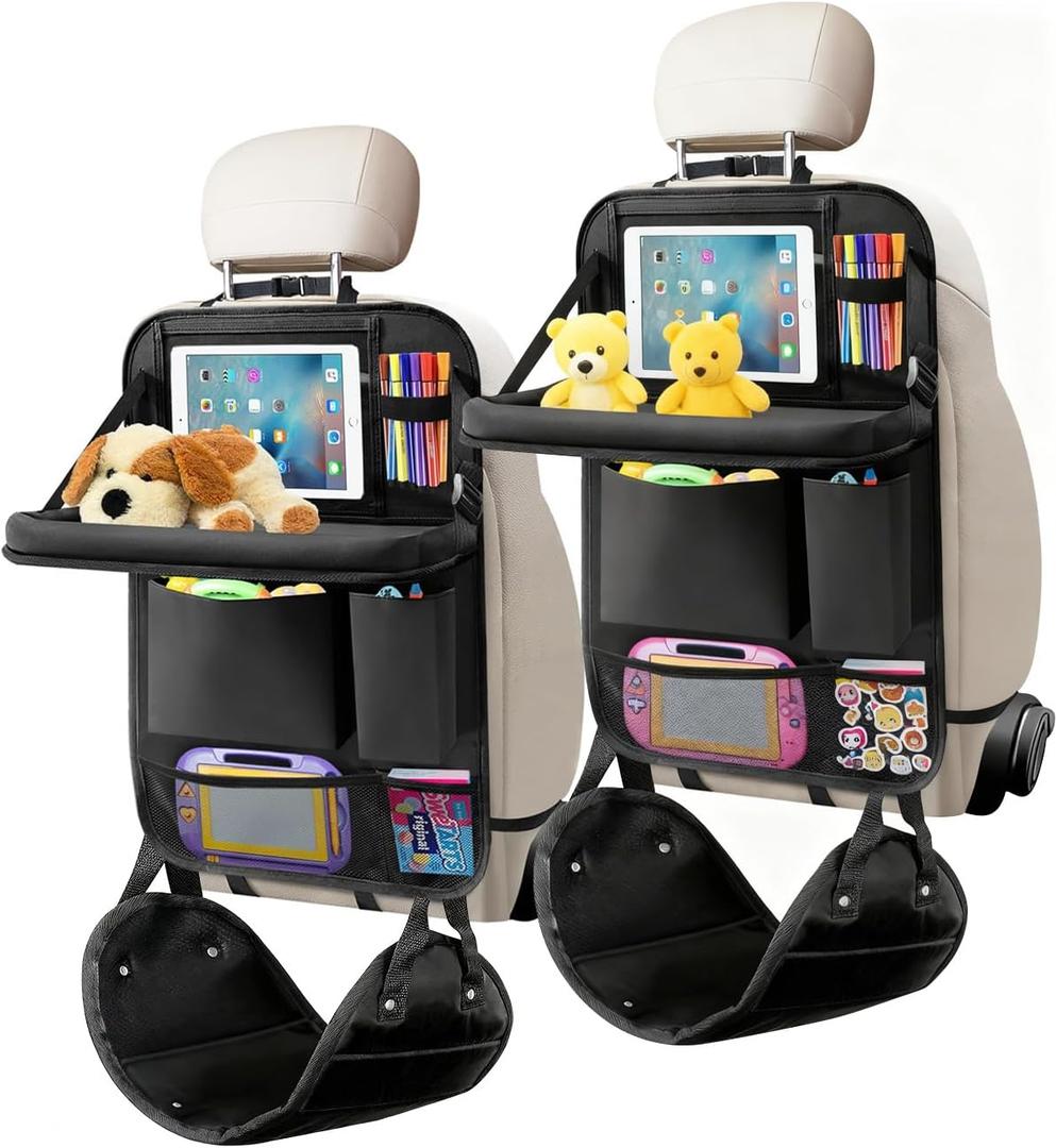 Backseat Car Organizer 4Pack with Table Tray Free Foot Hammock Car Seat Protector with Tablet Holder for Car, 7 Pockets Back Seat Organizer and Kick Mat for Kids Travel Accessories