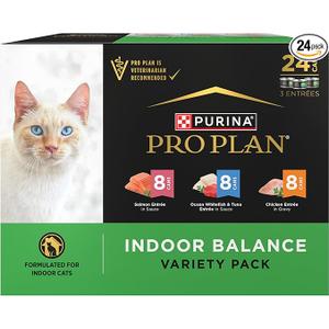 Purina Pro Plan Indoor Balance Chicken, Salmon, and Ocean Whitefish and Tuna Cat Food Wet Entrees Variety Pack - 24 ct. Can