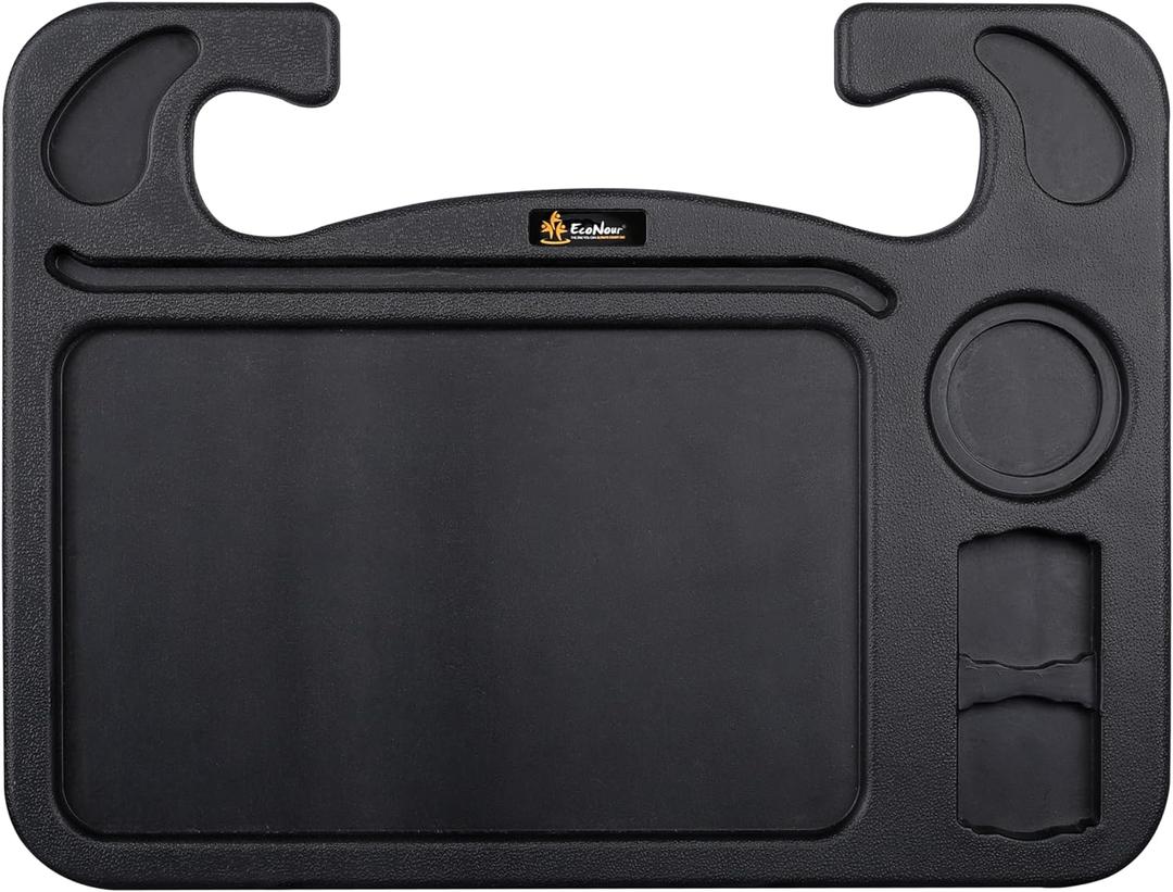 EcoNour 4 in 1 Car Steering Wheel Tray - 2026 Upgraded Tray with Dual Sauce Dip Holder and Tablet Holder | Spacious Steering Wheel Desk for Food and Laptop | Car Accessories (Large) (Charcoal Black)
