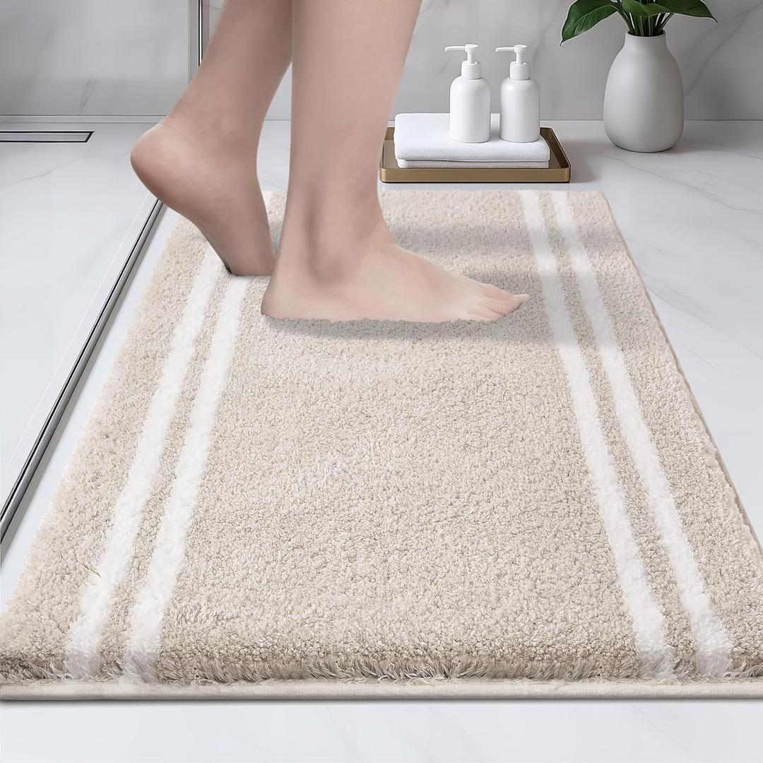 Bathroom Rug Non-Slip Machine Washable 20" x 30", Super Absorbent and Quick Dry Shaggy Microfiber Bath Mat, Extra Soft and Plush Bath Rug for Bathtub, Shower, and Sink, Beige