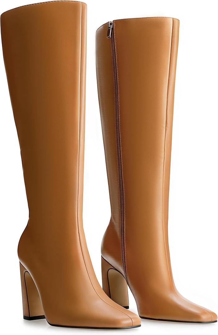 DREAMCIA Knee High Boots Women Chunky Block Heel Square Toe Leather Boots Fashion Tall Dress Boots Long Fall Boot (9.5, Brown)