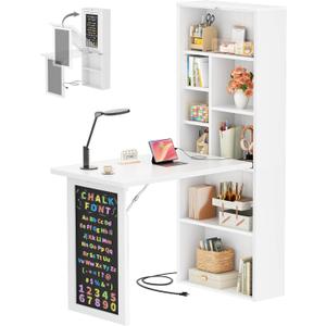 Armocity Small Folding Desk with Outlets, Convertible Writing Desk for Small Spaces/Home Office/Craft Room, Multi-Function Desk Workstation with Blackboard, Fold-Out Cabinet Table, White