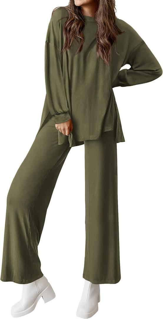 PRETTYGARDEN Womens 2 Piece Outfits Crewneck Long Sleeve Pullover Tops Wide Leg Long Pants Casual Lounge Set Travel Tracksuit