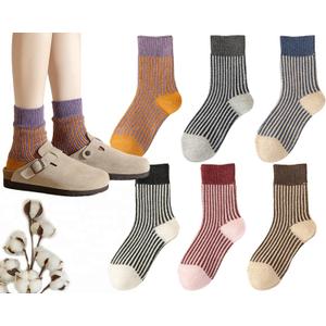 CHUNFO Womens Strip Ankle Socks Cute Athlete Ribbed Colorful Slouch Crew Cotton Casual Sock Size5-10.5 (6pack,black,blue,purple,grey,red,brown)