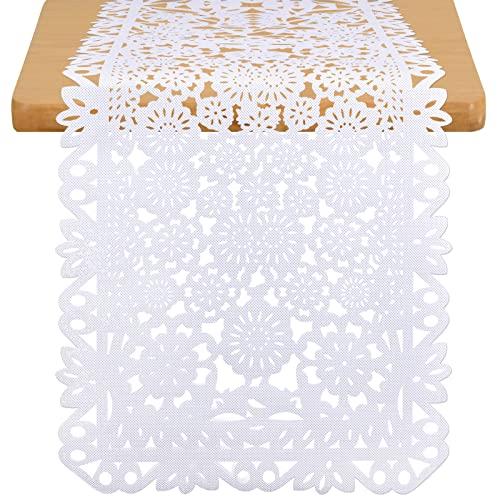 14 x 84 Inches Mexican Party Table Runner White Papel Picado Tablecloth Runner Fabric Table Decoration for Cinco De Mayo Mexican Wedding Fiesta Party Supplies (3)