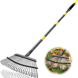 Garden Leaf Rakes, 6FT Rake for Lawns Heavy Duty 25 Metal Tines 18.5 inch Wide, Adjustable Steel Handle, Rakes for Leaves, Gathering Shrub, Grass, Yard