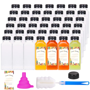 Moretoes 64pcs 12oz Plastic Juice Bottles with Caps, Reusable Juicing Bottles, Clear Drink Containers with Lids for Smoothie, Drinking and Beverages