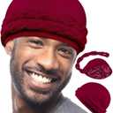 Babalet Halo Turban for Men Women Satin Lined Durag Skull Cap Pre-Tied Handmade Braids Tail Beanie Sleeping Bonnet, Burgundy (One Size), 2Pcs