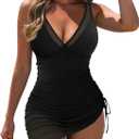 Women One Piece Swimsuits Tummy Control Swimwear Drawstring Mesh Sheer Sarong Wraps V Neck Bathing Suit (X-Large, Black)
