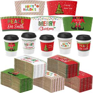 Remerry 125 Pack Winter Christmas Disposable Coffee Cup Paper Sleeves Xmas Santa Holiday Tea Hot Chocolate Cocoa Sleeves for 12oz 16oz Cups (Cute)