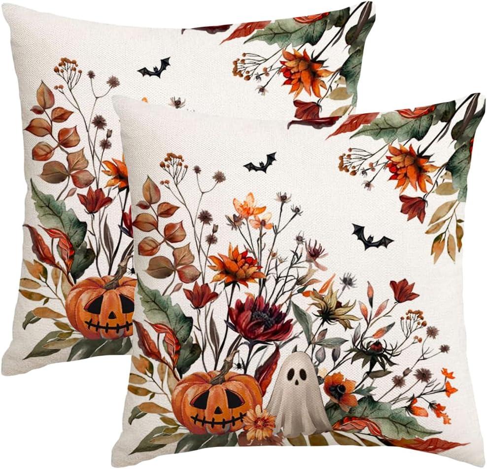 RABUSOFA Halloween Pillow Covers 20x20 inch Set of 2 Pumpkin Ghost Bat Decorative Throw Pillow Horror Floral Wildflowers Couch Cushion Case Decorations for Sofa Bedroom Living Room Home Decor (Multicolor)