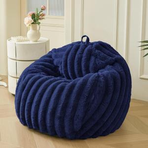 MEGO Fluffy Faux Rabbit Fur Bean Bag Chair Cover(No Filler), Cozy Plush Shaggy Striped Stuffed Animal Storage Bean Bag, 3FT Big Fuzzy Ribbed Beanbag Cover for Bedroom Living Room, Anti-slip, Navy Blue (Large(38"x38"x40"))