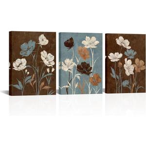 SkenoArt Vintage Elegant Flowers Canvas Wall Art - Brown White and Teal Abstract Floral Picture Wall Decor Canvas Print for Bedroom Living Room Kitchen Home Decoration Ready to Hang