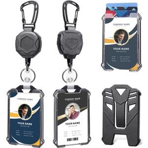 Badge Holder Retractable Clip Heavy Duty Carabiner Badge Reel Keychain with Lanyard ID Cards Holder Cool Tactical ID Holder (2 Holders and 2 Badge Reels Black # 01)