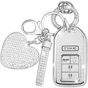 for Honda Key Fob Cover with Diamond Keychain for Women, Soft TPU 5 Buttons Key Shell fit for 2016-2022 Accord Civic CR-V Pilot Passport Insight EX EX-L Odyssey Touring (Silver/White)
