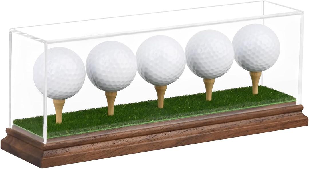 Golf Ball Display Case for 5 Golf Balls Holder Display Walnut Wood Base Acrylic Hole in One Golf Ball Case Display Uv Protection Golfball Stand Rack,Golf Office Decor Gifts for Men