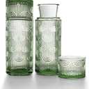 Bedside Water Carafe and Glass Set, Mouthwash Dispenser for Bathroom, 21.6 Oz Glass Water Bottles with 6 Oz Drinking Cup as Lid, Water Pitcher for Nightstand, Kitchen (Green 2Pack)