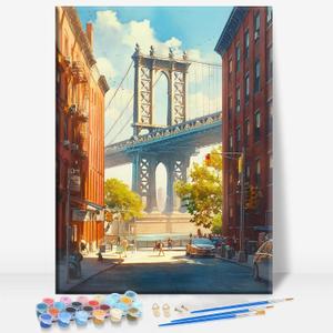 Aeontinity Manhattan Bridge Location Framed Canvas DIY Paint by Numbers Kit Bar Cafe Cave Home Room Wall Bathroom Porch Patio Decor Gift, 16 x 12 Inch
