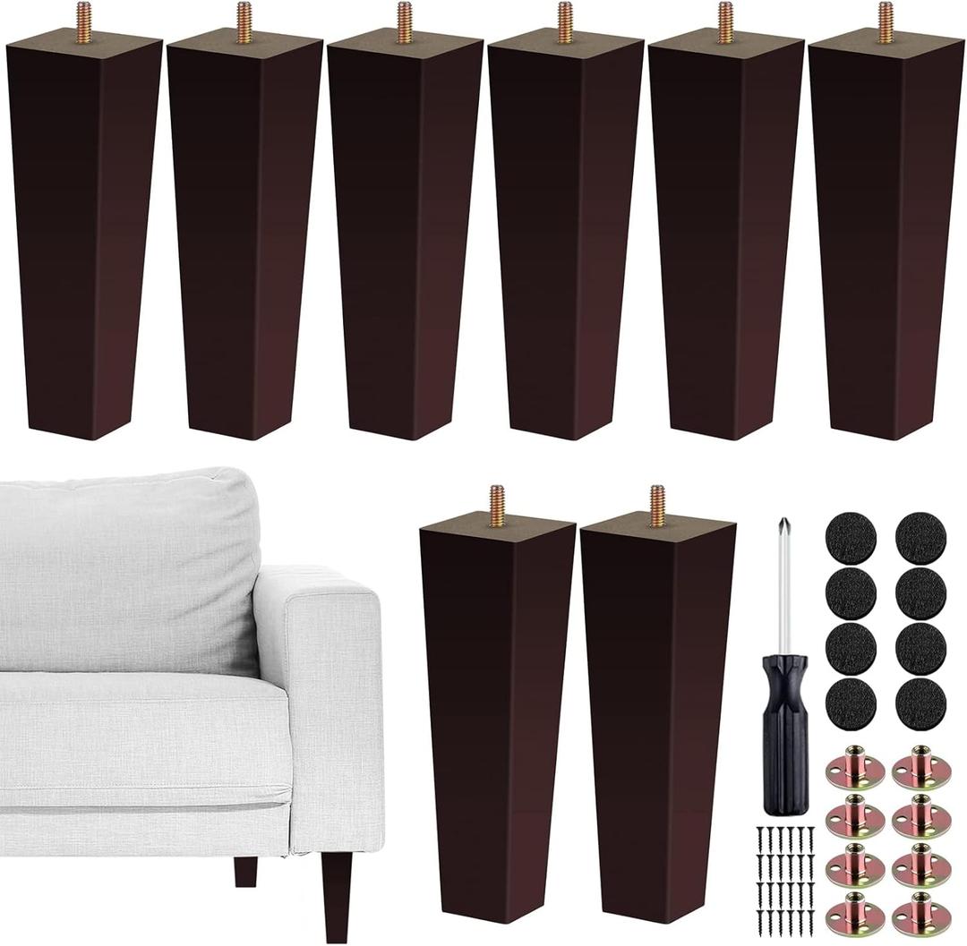 TURSTIN Set of 8 Furniture Legs 8 Inch Square Solid Wood Couch Legs Replacement Sofa Legs Mid Century Furniture Feet for Armchair Bed Dresser Cabinet Include Installation Hardware, Brown