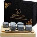 Whiskey Stones Gift Set of 6 with Wooden Storage Tray and Forceps: Chill Any Beverage Without Dilution. Round Granite Rocks Cool Cocktails and Scotch Better Than Ice.