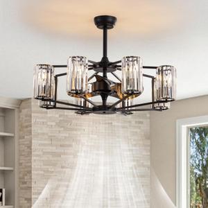 Ceiling Fans with Lights 36" Chandelier Fan Vintage Low Profile Ceiling Fan with Light and Remote 8 Lights Crystal Large Fandelier Light Fixture for Living Room Dining Room Hotel Foyer