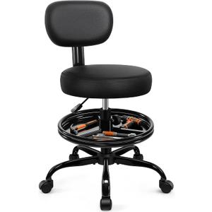 Shop Stool with Wheels for Garage, Mechanics Rolling Chair with Backrest, Adjustable Height Heavy Duty Garage Stool with Footrest and Storage Tray, Swivel Task Chair for Workshop Kitchen Salon, 23.5" H X 16.14" W X 16.14" D