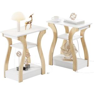End Table Set of 2 with Charging Station, Side Table with USB Ports and Outlets, Nightstand, 3 Tier End Table with Storage Shelf for Living Room, Bedroom (White Set of 2)