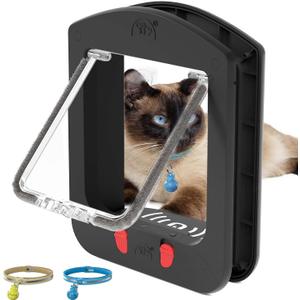 [ALUMANI] Cat Door for Interior Door and Exterior Door, 4 Way Locking Cat Door with Magnetic Flap, Collar Activated Cat Door, 2pcs of Cat Magnetic Collars, Black