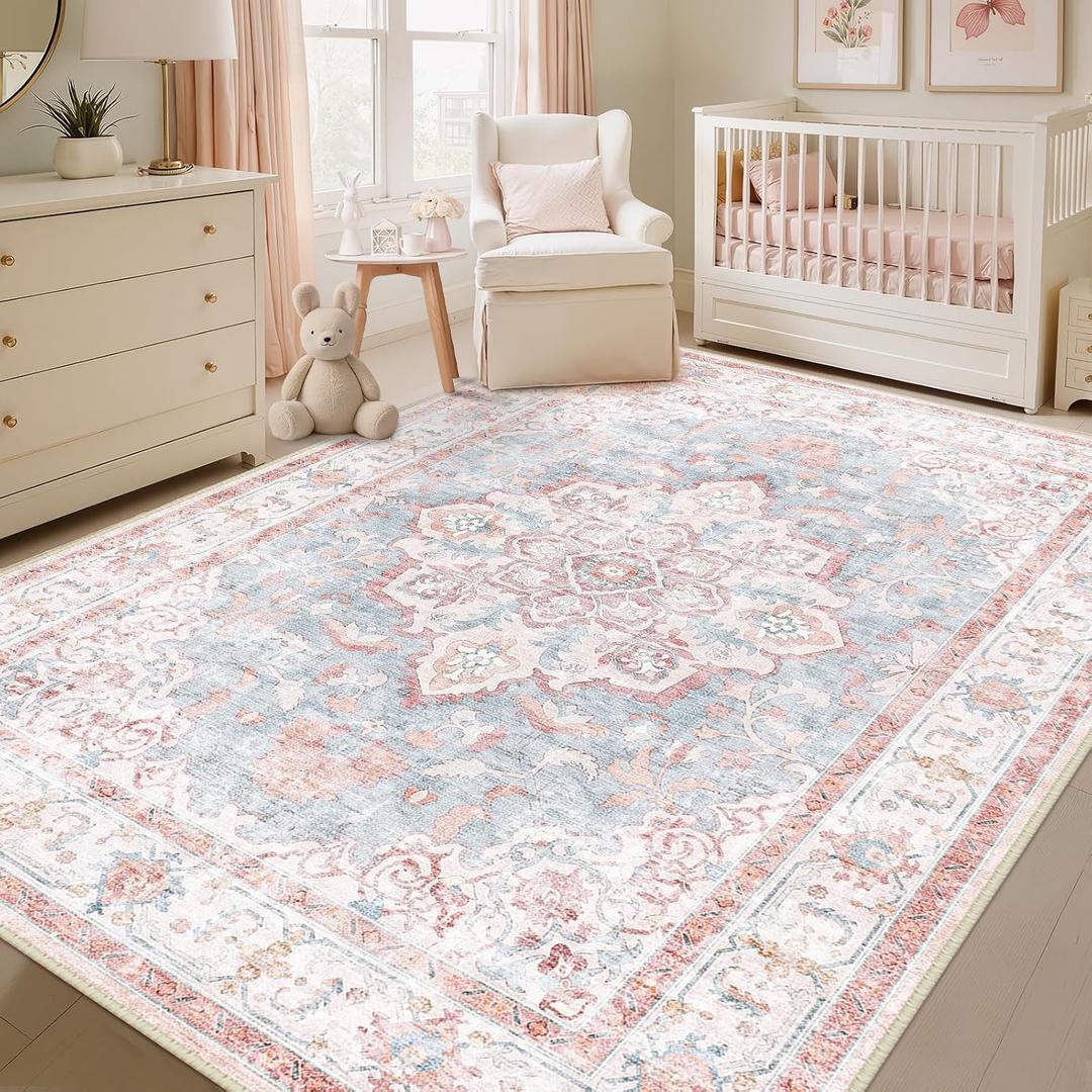 5x8 Washable Nursery Girls Low Pile Area Rug Pink Blue