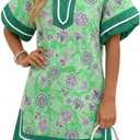 Wenrine Womens Summer Puff Sleeve Casual V Neck Mini Boho Floral Dresses (Green)